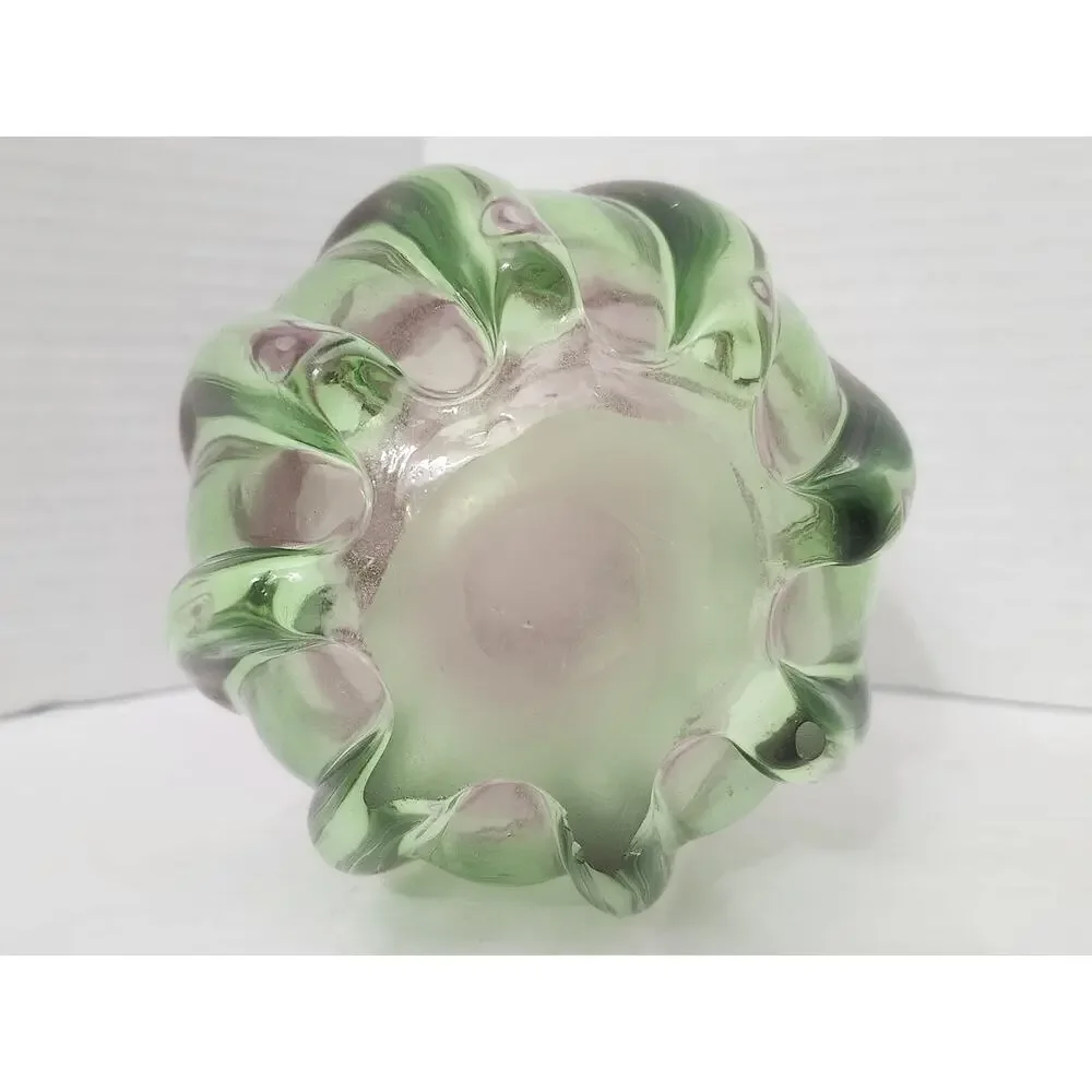 Vintage 1990s Teleflora Pink Green Swirl Art Glass Fluted Ruffled Vase